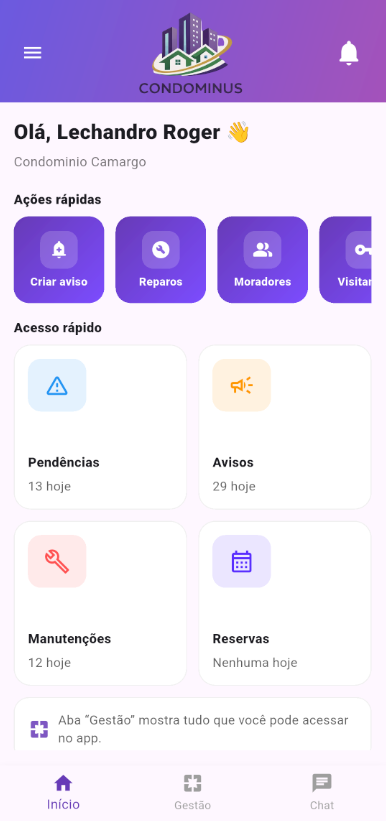Tela inicial do Condôminus